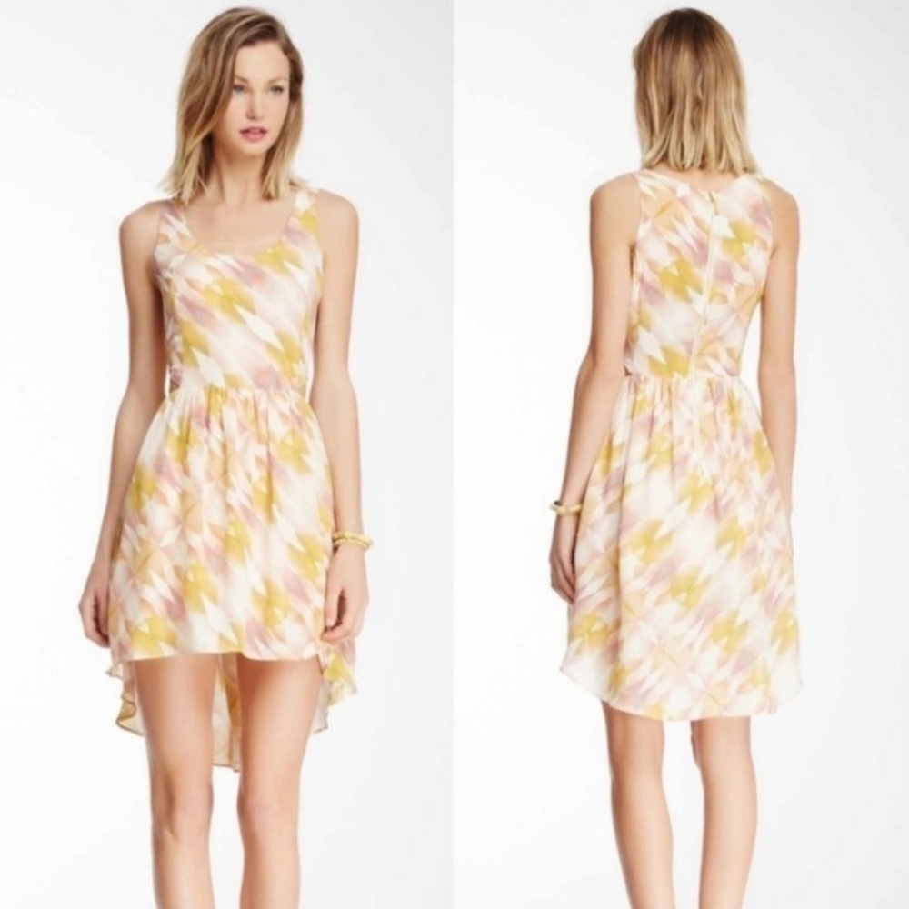 Line & Dot Silk High Low Abstract Geometric Print Dress Yellow Pink S LD3176A